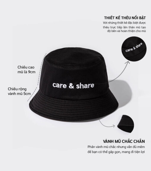 Mũ Bucket Hat thêu Care & Share Typo - Đen